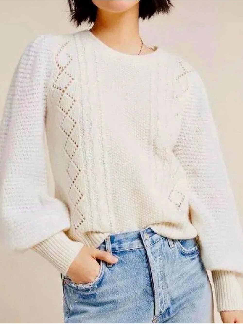 ANTHROPOLOGIE Lambswool Cream Knit Crewneck Sweater EUC 🌷Boho Cottage